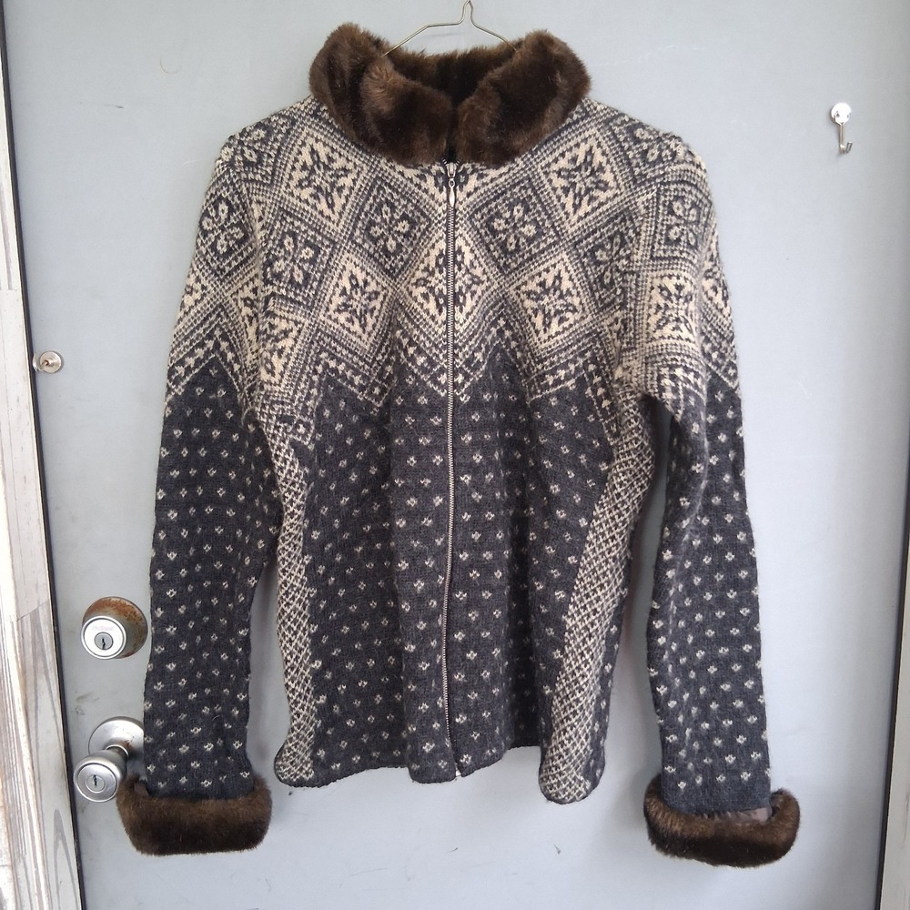 Lauren Ralph Lauren Fair Isle Wool Sweater Jacket Faux Fur Trim S
